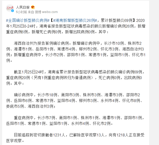 湖南新增新型肺炎26例累计69例